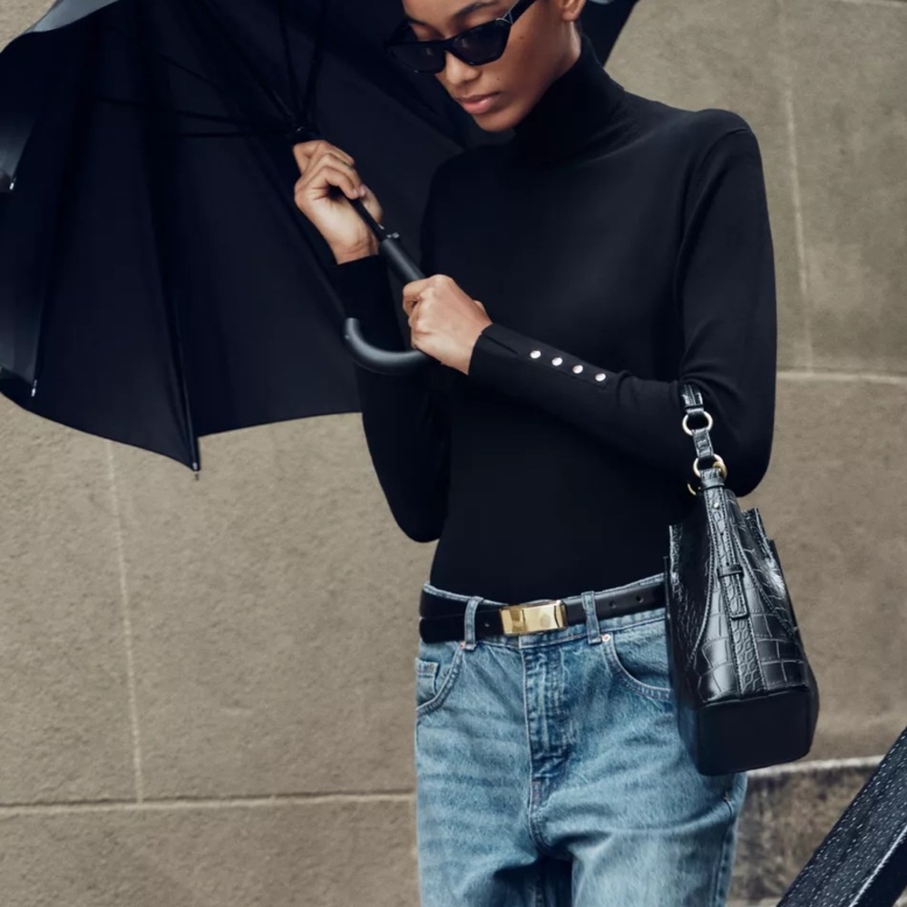 Zara basic black turtleneck sweater with gold button sleeve details